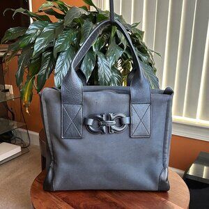 SALVATORE FERRAGAMO Embossed Logo Canvas and Leather Tote Gray and Black